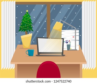 Christmas office workplace with small Christmas tree. Table with laptop, stack of papers, Desk lamp. Flat vector illustration.