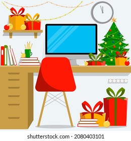 Christmas office workplace. Table with a computer, gifts, tree, books. Working space. Flat style vector illustration.