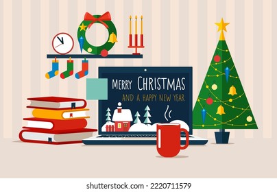 Christmas office workplace. Table with computer, gifts, Christmas tree, books. Freelancer workspace. Flat vector illustration.