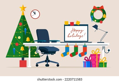 Christmas office workplace. Table with computer, gifts, Christmas tree. Freelancer workspace. Flat vector illustration.