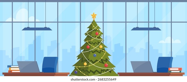 Navidades oficina lugar de trabajo. Mesas con el ordenador, regalos, Espacio de trabajo del árbol de navidad