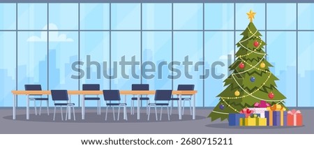 Christmas office workplace. Tables with computer, gifts, Christmas tree Workspace
