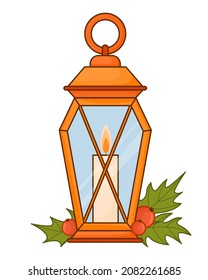 Christmas old lamp with a candle inside, a burning fire in a flat style. Vector lantern isolated on white background. Lamp, lighting fixture, home comfort, vector object drawing on white background.