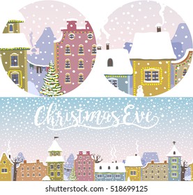 Christmas old town with falling snow, decorated with garlands and the inscription
