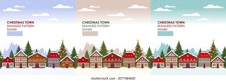 Christmas old town. Snowy landscape. Vector seamless borders.