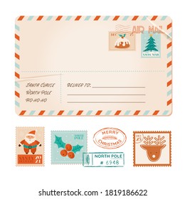 Christmas old vector greeting postal card, vintage postcard, xmas winter party stamps, rubber stamps, holiday party invitation, scrapbook design elements, mail postage letter, santa, snowflakes, tree