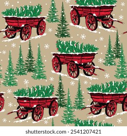 Christmas Old Vintage Wooden Wagon Isolated with Christmas tree and Merry Christmas Text-Christmas Vector Illustration