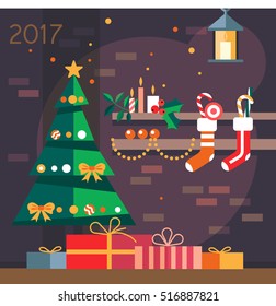 Christmas tree with gifts 2017 on  background