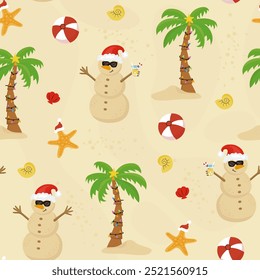 Natal na praia design de padrão sem costura. Fundo com boneco de neve, palma, estrela-do-mar e bola de praia.