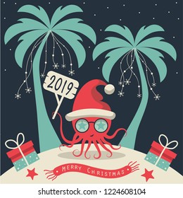 Christmas on the island. Depicts two palm trees, a octopus in Santa Claus hat, garlands of snowflakes, presents on the sand , starfish and scarf with the words merry christmas and 2019.