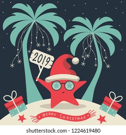  Christmas on the island. Depicts two palm trees, a sea star in Santa Claus hat, garlands of snowflakes, presents on the sand , starfish and scarf with the words merry christmas and 2019
