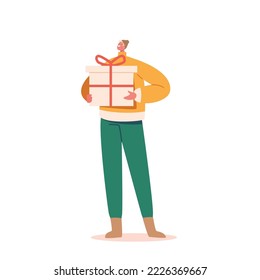 Christmas on New Year Holidays Presents Concept. Happy Man Holding Big Gift Box Wrapped with Festive Bow Isolated on White Background. Male Character with Present. Cartoon People Vector Illustration