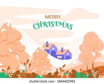 Christmas on snow with winter trees, mountain, winter house landscape for winter and Christmas holidays.