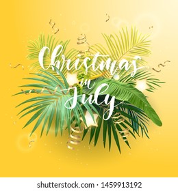 Christmas on the summer beach design with green palm leaves, tropical flowers, xmas balls, decorative light bulbs and gold glowing stars, vector illustration.