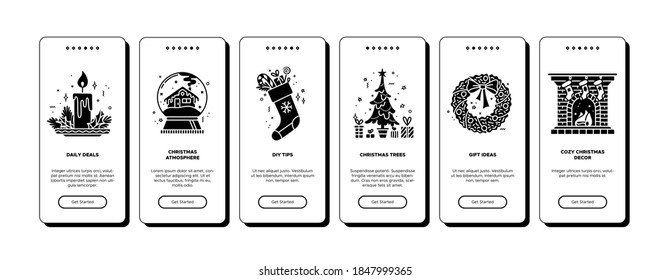 Christmas onboarding app screens with black glyph icons.cChristmas tree, wreath, cozy decor. New year user interface. UX, UI, GUI screen templates for mobile applications. Flat monocolor illustrations