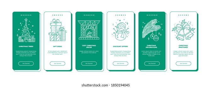 Christmas onboarding app screens with linear icons. Monocolor user interface. UX, UI, GUI screen templates for mobile applications. Editable stroke. Christmas trees, discount offers, festive ringtones