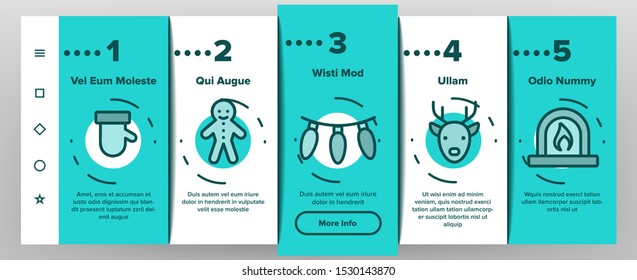 Christmas Onboarding Mobile App Page Screen Vector Icons Set Thin Line. Christmas Presents And Toys, Pine Tree And Snowman, Fireworks And Deer Silhouette Linear Pictograms. Color Contour Illustrations