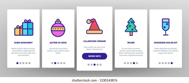 Christmas Onboarding Mobile App Page Screen Vector Icons Set Thin Line. Christmas Presents And Toys, Pine Tree And Snowman, Fireworks And Deer Silhouette Linear Pictograms. Color Contour Illustrations