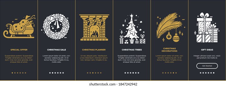 Christmas onboarding screens dark user interface with glyph icons. Mobile applications vector template. New year illustrations. UI flat design. Special offers, Christmas tree, sale, gift ideas