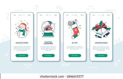 Christmas onboarding screens user interface. Discount offers, Christmas atmosphere, DIY tips, festive songs. Mobile applications vector template. New year illustrations. UI flat design