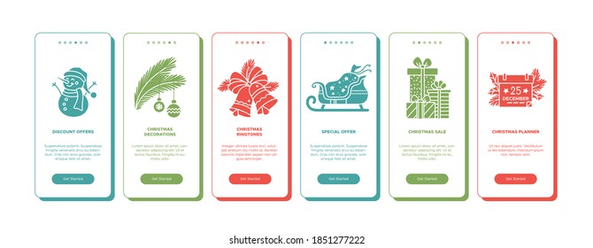Christmas onboarding vector template with color glyph icons. Mobile app page screens. Color flat concepts. New year illustrations. UI design. Christmas decorations, special offers, sale, planner