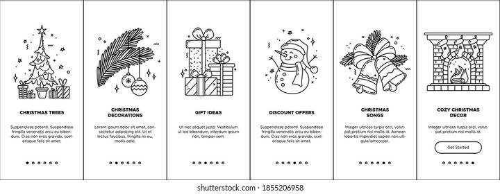 Christmas onboarding vector template with editable linear icons. Mobile app page screens. Monocolor outline concept. Christmas tree, decorations, gifts, cozy decor, songs, discount offers. UI design