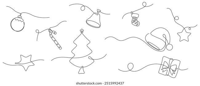 Christmas one continuous line including xmas pine tree, hanging ball, star, shock, candy, santa hat, gift box, and bell. Editable stroke. simple elements collection set vector.