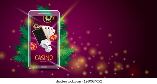 Christmas online casino banner on mobile phone with playing cards, chips, dices and coniferous branch on purple background. Holiday poker hand
