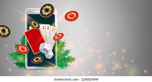 Christmas online casino on mobile phone with playing cards, chips, dices and coniferous branch on grey background. Holiday poker hand banner