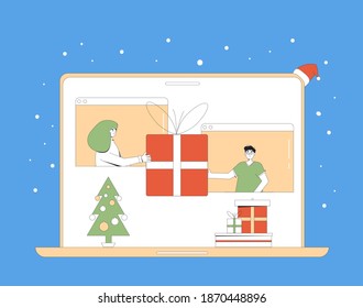 Christmas online celebration. Friends giving a gift each others. Stay home. People meeting with video call during a pandemic of coronavirus. Sharing virtual present on the internet. Vector line art.