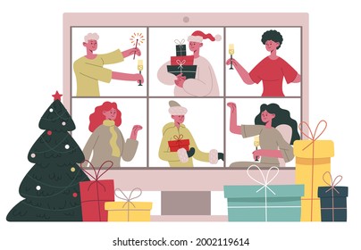 Christmas online chat. Merry Christmas friends or family video call, xmas celebration videoconference cartoon vector illustration. Online Christmas party. Communication hoiday, digital chat online