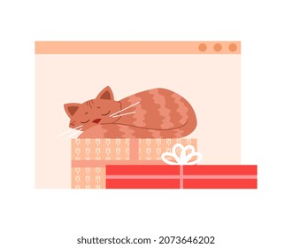 Christmas Online concept. Small fluffy cat lying on gift boxes. Device screen with cute animal. Celebrating New Year remotely. Colorful greeting card. Cartoon contemporary flat vector illustration
