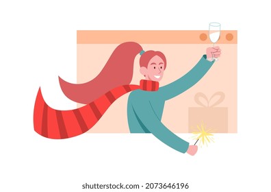Christmas Online concept. Smiling young woman in red scarf holds sparkler and glass of champagne. Character congratulates friends. Celebrating New Year remotely. Cartoon flat vector illustration