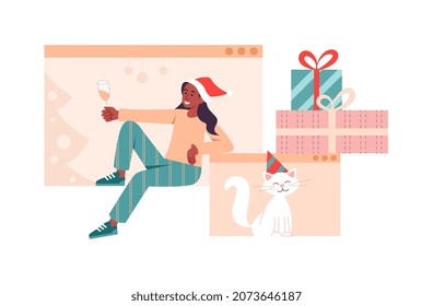 Christmas Online concept. Young smiling woman in red hat sits on device screen with cat and gift boxes. Remote New Year Celebration. Joyful character with champagne. Cartoon flat vector illustration