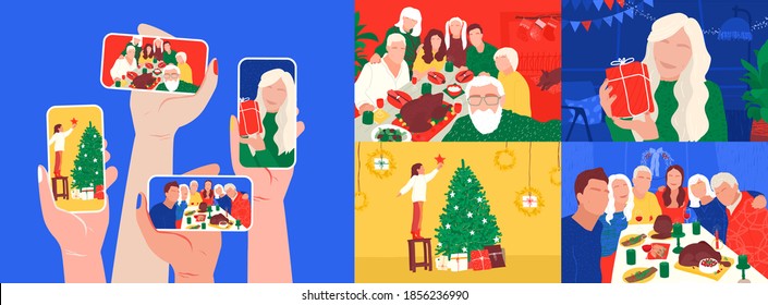 Christmas Online With Family Concept. Remote Celebration In Lockdown. Phone In Hands And People On Video Call Congratulate Each Other. Grandpa Makes Selfie At Dinner Table Vector. Thanksgiving Turkey.