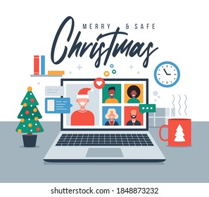Christmas online greeting. people meeting online together with family or friends video calling on laptop virtual discussion. Merry and Safe Christmas office desk workplace, flat vector illustration