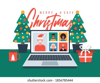 Christmas online greeting. people meeting online together with family or friends video calling on laptop virtual discussion. Merry and Safe Christmas office desk workplace, flat vector illustration