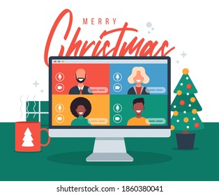 Saludo en línea de Navidad. gente reuniéndose en línea junto con familiares o amigos en video llamando a la discusión virtual de la computadora pc. Merry Safe en el escritorio de la oficina navideña en el lugar de trabajo, ilustración plana vectorial