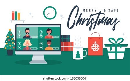 Christmas online greeting. people meeting online together with family or friends video calling on pc computer virtual discussion. Merry Safe Christmas office desk workplace, flat vector illustration