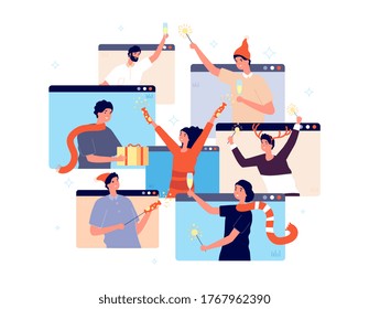 Christmas Online Party. People Celebrating New Year, Happy Friends On Video Chat. Man Woman With Champagne Confetti Gift Vector Illustration