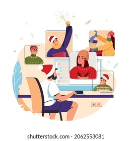 Christmas online party. Young diverse people celebrating new year, happy friends on video chat. Christmas and New year online. Man with laptop having a meeting via internet vector illustration.
