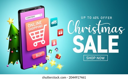 Christmas online sale vector banner design. Christmas sale text with online mobile shopping app for xmas virtual shop promotion ads. Vector illustration.
