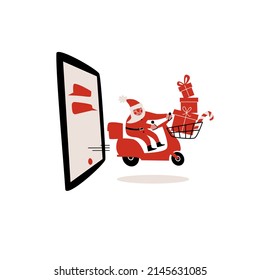 Christmas online sales concept. Santa Claus come out of the smartphone with motorbike and present boxes. Internet shopping service delivery. Vector illustration of Santa riding moped.