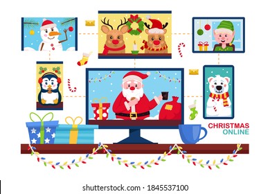 Christmas Online. Santa Claus Using Video Conference Service For Collective Holiday Virtual Celebration, Party Online With Friends From Home. New Normal Christmas Celebration. Vector Illustration.