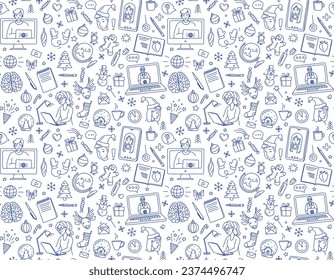 Christmas in an online school. Merry Christmas Happy New Year seamless background pattern. Vector illustration doodles, thin line art sketch icons style concept. White and blue colours