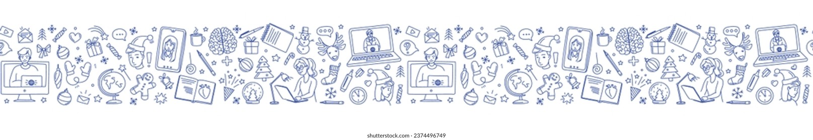 Christmas in an online school. Merry Christmas Happy New Year seamless background pattern. Vector illustration doodles, thin line art sketch icons style concept. White and blue colours