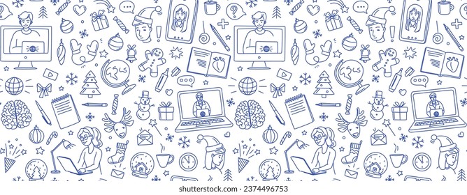 Christmas in an online school. Merry Christmas Happy New Year seamless background pattern. Vector illustration doodles, thin line art sketch icons style concept. White and blue colours