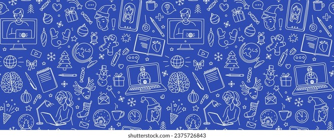 Christmas in an online school. Merry Christmas Happy New Year seamless background pattern. Vector illustration doodles, thin line art sketch icons style concept. White and blue colours