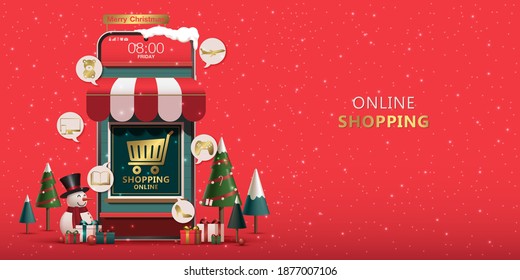 Christmas Online Shopping Banner on red background, Mobile Application Store, Cart, Snowman, Presents, Christmas tree, Snow falling Vector Illustration