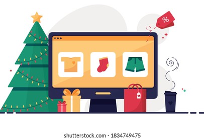 Christmas online shopping with computer or PC. Christmas tree, gift boxes, present and decorations. Winter sale eshop. Ordering gifts at home. Clothes store. Colorful. Esp 10